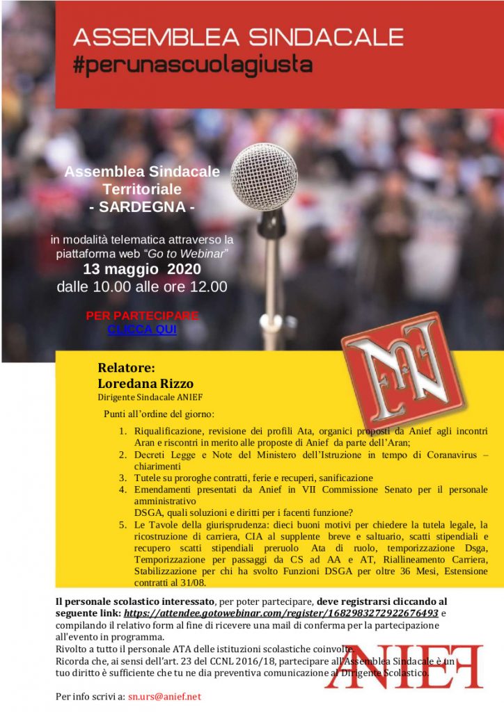 Anief-Convocazione di un’assemblea sindacale territoriale per il personale ATA delle istituzioni scolastiche della regione Sardegna